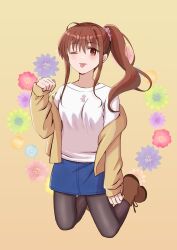 Rule 34 | 1girl, :p, black pantyhose, blue skirt, blush, boots, brown eyes, brown footwear, brown hair, commentary request, eyelashes, eyes visible through hair, full body, hair between eyes, highres, jacket, little busters!, long hair, looking at viewer, natsume rin, official alternate costume, one eye closed, open clothes, open jacket, pantyhose, pencil skirt, piyo (kinkooo333), ponytail, shirt, sidelocks, simple background, skirt, sleeves past wrists, solo, tongue, tongue out, white shirt, yellow background, yellow jacket