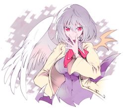 Rule 34 | 1girl, asymmetrical wings, bow, bowtie, cropped torso, dress, feathered wings, hair between eyes, hand over face, ichizen (o tori), jacket, kishin sagume, looking at viewer, purple dress, red bow, red bowtie, red eyes, short hair, silver hair, smile, solo, touhou, upper body, white jacket, white wings, wide sleeves, wings, yellow wings