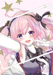 Rule 34 | 1girl, absurdres, ahoge, azur lane, blush, breasts, commentary request, dress, hairband, highres, long hair, looking at viewer, nako nya, open mouth, pink hair, purple eyes, retrofit (azur lane), ribbon, saratoga (azur lane), selfie, sleeveless, sleeveless dress, smile, solo, twintails