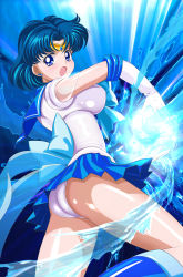 1girl ass bishoujo_senshi_sailor_moon blue_boots blue_eyes blue_hair blue_sailor_collar blue_skirt boots bow breasts choker earrings elbow_gloves female_focus gloves jewelry knee_boots leotard magical_girl matching_hair/eyes medium_breasts mizuno_ami pirochi sailor_collar sailor_mercury sailor_senshi short_hair skirt solo tiara water white_gloves