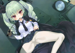 Rule 34 | 10s, 1girl, anchovy (girls und panzer), bad id, bad pixiv id, blush, brown eyes, clothes lift, drill hair, girls und panzer, green hair, hair ribbon, licking, long hair, lying, military, military vehicle, mirei, motor vehicle, necktie, on back, panties, panties under pantyhose, pantyhose, ribbon, riding crop, skirt, skirt lift, solo, spread legs, tank, tongue, twin drills, underwear, white panties, white pantyhose