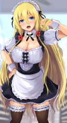 Rule 34 | 1girl, alice (bishoujo mangekyou), apron, bishoujo mangekyou, blonde hair, blue eyes, blush, breasts, cleavage, dress, frilled thighhighs, frills, hair between eyes, hand on own hip, hand up, highres, kanzaki kureha, large breasts, long hair, looking at viewer, maid, maid apron, maid headdress, open mouth, solo, standing, thighhighs, thighs, tsundere, very long hair, wrist cuffs