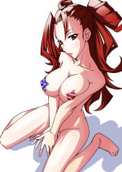 Rule 34 | 1girl, absurdres, american flag, barefoot, breasts, brown hair, drill hair, from above, heroman, highres, kneeling, large breasts, long hair, nude, pasties, red eyes, red hair, sitting, solo, star (symbol), star pasties, sticker, takamura wamu, united states, vera collins, wariza