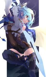 Rule 34 | 1girl, absurdres, aqua hair, arms up, black footwear, black leotard, blue hair, blue necktie, bodystocking, boots, breasts, cape, eula (genshin impact), genshin impact, gloves, gradient hair, greatsword, hair between eyes, hairband, highres, leotard, long sleeves, medium breasts, multicolored hair, necktie, parted lips, solo, sword, thick thighs, thigh boots, thighs, vision (genshin impact), weapon, yagita (astronomie)
