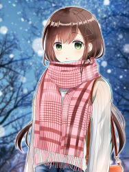Rule 34 | 1girl, :o, bag, bare tree, blurry, blurry background, blush, brown hair, commentary request, depth of field, earrings, enpera, fringe trim, green eyes, hair between eyes, hair ornament, hairclip, highres, jewelry, long hair, looking at viewer, original, outdoors, parted lips, revision, ribbed sweater, ryoutan, scarf, shoulder bag, snowing, solo, sweater, tree, very long hair, white sweater