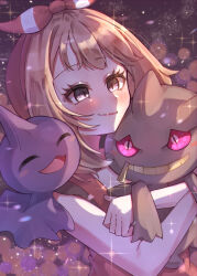 Rule 34 | 1girl, absurdres, banette, blush, bow, brown hair, closed mouth, creatures (company), eyelashes, game freak, gen 3 pokemon, grey eyes, hair bow, highres, holding, holding pokemon, hug, may (pokemon), nintendo, pokemon, pokemon (creature), pokemon oras, red bow, red shirt, shirt, shuppet, sleeveless, sleeveless shirt, smile, tomu (adamu shiny), upper body
