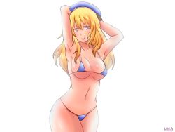 Rule 34 | 10s, 1girl, arms up, atago (kancolle), bikini, blonde hair, blue eyes, breasts, curvy, hat, highres, kantai collection, large breasts, long hair, purple bikini, redrackham, simple background, solo, swimsuit, thick thighs, thighs, underboob, white background, wide hips