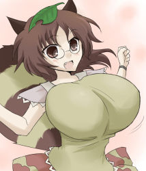 Rule 34 | 1girl, animal ears, breasts, brown eyes, brown hair, fang, female focus, futatsuiwa mamizou, glasses, gradient background, huge breasts, leaf, leaf on head, object on head, oro (zetsubou girl), raccoon ears, raccoon tail, solo, tail, touhou, white background
