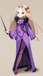Rule 34 | 1girl, :&gt;, abigail williams (fate), bad id, bad pixiv id, bell (oppore coppore), black bow, blonde hair, blue eyes, blush, bow, breasts, brown background, closed mouth, commentary request, cosplay, dress, fate/grand order, fate (series), full body, fur-trimmed dress, fur trim, hair bow, headpiece, high heels, highres, holding, holding wand, long hair, long sleeves, multiple hair bows, orange bow, pantyhose, parted bangs, polka dot, polka dot bow, purple dress, purple footwear, purple pantyhose, scathach (fate), scathach skadi (fate), scathach skadi (fate) (cosplay), see-through, shoes, short hair, simple background, sleeves past wrists, small breasts, smile, solo, standing, v-shaped eyebrows, very long hair, wand, wide sleeves