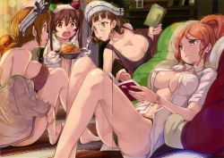 Rule 34 | 10s, 4girls, absurdres, aquila (kancolle), armadillo-tokage, bare legs, bare shoulders, barefoot, black panties, blush, book, bra, breasts, brown eyes, brown hair, casual, cleavage, cushion, eating, food, fork, glasses, gloves, hat, highres, indoors, italian flag, kantai collection, large breasts, libeccio (kancolle), littorio (kancolle), long hair, multiple girls, navel, no bra, noodles, open book, open clothes, open mouth, open shirt, oven mitts, panties, pasta, ponytail, reading, red bra, red hair, roma (kancolle), shiny skin, shirt, short hair, smile, spaghetti, tank top, thighs, twintails, underwear, watch, wristwatch