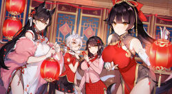Rule 34 | 4girls, animal ears, atago (azur lane), azur lane, black hair, blush, bow, branch, breasts, brown eyes, cardigan, china dress, chinese clothes, chinese new year, choukai (azur lane), closed mouth, commentary request, covered navel, dress, elbow gloves, extra ears, fingerless gloves, gloves, hair between eyes, hair bow, hair flaps, hair ornament, hair ribbon, happy new year, hatoyama itsuru, highres, holding, holding branch, holding lantern, holding letter, indoors, lantern, large breasts, letter, long hair, long sleeves, looking at viewer, maya (azur lane), mole, mole under eye, multiple girls, new year, night, open mouth, paper lantern, pelvic curtain, pink cardigan, ponytail, puffy short sleeves, puffy sleeves, red dress, ribbon, scarf, short hair, short sleeves, silver hair, smile, swept bangs, takao (azur lane), very long hair, white bow, white dress, white gloves, white ribbon, white scarf