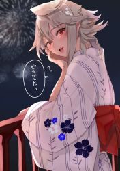 Rule 34 | 1boy, aerial fireworks, asymmetrical hair, commentary request, corrin (fire emblem), corrin (male) (fire emblem), eyelashes, fire emblem, fire emblem fates, fireworks, floral print, from side, hair ornament, hand on own face, head tilt, highres, japanese clothes, kimono, looking at viewer, looking to the side, male focus, medium hair, night, night sky, nintendo, obi, open mouth, pointy ears, railing, red eyes, sash, shadow, silver hair, single sidelock, sky, solo, speech bubble, translation request, trap, upper body, w (1999 kyu), white kimono, yukata