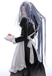 Rule 34 | 1boy, alternate costume, apron, black dress, cake, cake slice, denpa0304, dress, enmaided, closed eyes, food, frilled apron, frills, from behind, fruit, grey hair, hair flip, hand in own hair, highres, holding, holding plate, juliet sleeves, long hair, long sleeves, maid, maid apron, maid headdress, male focus, parted lips, plate, puffy sleeves, simple background, solo, standing, strawberry, luo xiaohei zhanji, very long hair, waist apron, white apron, white background