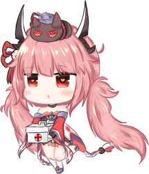 Rule 34 | 1girl, azur lane, bailingxiao jiu, bare shoulders, black choker, blush, cannon, chestnut mouth, chibi, choker, commentary request, cross, detached sleeves, first aid kit, full body, grey footwear, hair between eyes, hair ornament, hamakaze (azur lane), headgear, heart, heart-shaped pupils, holding, kneehighs, long hair, long sleeves, looking away, parted lips, pink hair, red eyes, red skirt, simple background, skirt, socks, solo, strapless, symbol-shaped pupils, turret, twintails, very long hair, walking, white background, white socks, wide sleeves