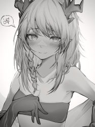 Rule 34 | 1girl, absurdres, arknights, bare shoulders, blush, breasts, cleavage, collarbone, dragon horns, greyscale, highres, horns, mars symbol, monochrome, nian (arknights), off shoulder, parted lips, pointy ears, simple background, skindentation, small breasts, smile, solo, speech bubble, spoken symbol, strapless, tab head, tube top, undressing, venus symbol, white background