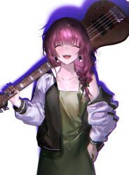 Rule 34 | 1girl, :d, ^ ^, absurdres, black ribbon, bocchi the rock!, braid, braided ponytail, closed eyes, dress, electric guitar, green dress, guitar, hair ribbon, highres, hiroi kikuri, holding, holding instrument, instrument, jacket, long hair, long sleeves, off shoulder, open clothes, open jacket, open mouth, red hair, ribbon, smile, solo, zuzu (wckd7545)