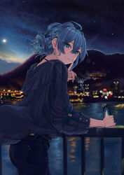 Rule 34 | 1girl, absurdres, blue eyes, blue hair, blue shirt, blurry, braid, cellphone, commentary request, denim, depth of field, earrings, finger to mouth, full moon, hair ornament, hair ribbon, highres, hololive, hoshimachi suisei, jeans, jewelry, long sleeves, moon, nail polish, pants, phone, railing, ribbon, scenery, shirt, sky, smartphone, smile, snarkhunt, solo, star (sky), star (symbol), star in eye, starry sky, symbol in eye, town, virtual youtuber