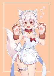 Rule 34 | 1girl, animal ears, animal hands, apron, back bow, bell, bow, breasts, cleavage, collar, collarbone, cowboy shot, frilled apron, frills, gloves, grey hair, grey tail, highres, inubashiri momiji, maid headdress, medium breasts, neck bell, open mouth, paw gloves, paw print, pocket, red bow, red collar, red eyes, short hair, taeminhyeon, tail, tamamo cat (third ascension) (fate), thigh strap, touhou, white apron, white bow, wolf ears, wolf girl, wolf tail