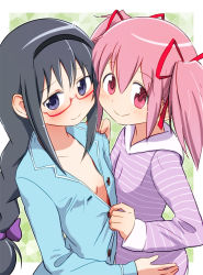 Rule 34 | 10s, 2girls, akemi homura, assisted exposure, black hair, black hairband, blush, bow, braid, embarrassed, flat chest, glasses, hair bow, hair ribbon, hairband, hand on another&#039;s chest, hand on another&#039;s hip, hand on another&#039;s shoulder, highres, kaname madoka, light smile, long hair, looking at viewer, mahou shoujo madoka magica, mahou shoujo madoka magica (anime), multiple girls, naughty face, no bra, open clothes, pajamas, pink eyes, pink hair, purple eyes, red-framed eyewear, ribbon, sailor collar, sat-c, semi-rimless eyewear, sexually suggestive, twin braids, twintails, unbuttoned, under-rim eyewear, yuri