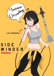 Rule 34 | 1girl, absurdres, ahoge, aim-9 sidewinder, air-to-air missile, artist name, atamonica, black hair, breasts, character name, cleavage, clothes around waist, commentary, company name, dog tags, english commentary, english text, closed eyes, highres, microphone, microphone cord, missile, original, pants, speech bubble, sweater, sweater around waist, tank top