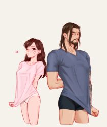 Rule 34 | 1boy, 1girl, ;3, age difference, arm behind back, back-to-back, bad id, bad pixiv id, black hair, breasts, bridge piercing, briefs, brown hair, cropped legs, d.va (overwatch), earrings, ecila, facial hair, facial mark, goatee, grey hair, hair down, hanzo (overwatch), heart, jewelry, long hair, male underwear, medium breasts, no pants, one eye closed, overwatch, overwatch 1, panties, perky breasts, piercing, shirt, shirt tug, sweatdrop, t-shirt, tattoo, taut clothes, taut shirt, underwear, whisker markings, white panties