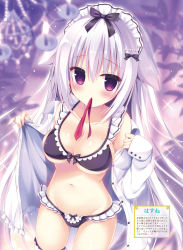Rule 34 | 1girl, bare shoulders, beads, black bow, black bra, black panties, blurry, bow, bra, breasts, buttons, chandelier, cleavage, collarbone, cowboy shot, dengeki moeou, dress shirt, frilled bra, frilled panties, frills, front-tie top, groin, hair bow, hair flaps, hasune, headdress, highres, large breasts, long hair, long sleeves, looking at viewer, mouth hold, navel, off shoulder, open clothes, open shirt, panties, purple eyes, red ribbon, ribbon, scan, shirt, silver hair, skindentation, solo, sparkle, standing, stomach, translated, underwear, very long hair, white shirt