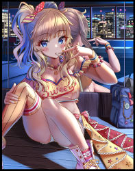Rule 34 | 1girl, ass, bag, bead necklace, beads, blonde hair, blue bag, blue eyes, blush, bow, bracelet, breasts, building, cleavage, collarbone, crop top, foot out of frame, hair bow, hand up, highres, idolmaster, idolmaster cinderella girls, idolmaster cinderella girls starlight stage, jewelry, legs together, long hair, looking at viewer, m/, medium breasts, mirror, misogin, nail polish, necklace, ohtsuki yui, panties, shoes, shorts, single thighhigh, sitting, skyscraper, solo, striped clothes, striped thighhighs, thighhighs, underwear, white shorts, yellow nails, yellow thighhighs