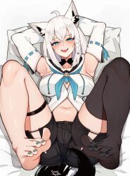 Rule 34 | 1girl, :d, ahoge, animal ear fluff, animal ears, arms up, barefoot, bed sheet, black shorts, blue eyes, blue neckerchief, blush, braid, breasts, cameltoe, detached sleeves, ear piercing, fox ears, fox tail, glasses, highres, hololive, large breasts, looking at viewer, lying, nail polish, navel, neckerchief, no shoes, on back, on bed, open mouth, piercing, pillow, shirakami fubuki, shirakami fubuki (1st costume), shirt, short shorts, shorts, single braid, single thighhigh, smile, solo, tail, thighhighs, toenail polish, toenails, varniskarnis, virtual youtuber, white hair, white shirt