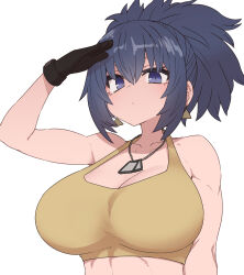 Rule 34 | 1girl, bare shoulders, black gloves, black hair, blue eyes, breasts, cleavage, dog tags, earrings, gloves, highres, jewelry, large breasts, leona heidern, muscular, muscular female, ponytail, solo, sumiyao (amam), tank top, the king of fighters, the king of fighters xv, triangle earrings, upper body, white background