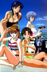 Rule 34 | 4girls, alcohol, ayanami rei, barefoot, beach, beer, bent over, bird, breasts, cleavage, closed mouth, cloud, cross, cross necklace, day, female focus, goggles, happy, horaki hikari, jewelry, katsuragi misato, large breasts, leaning, leaning forward, long hair, looking at viewer, medium breasts, multiple girls, neck, necklace, neon genesis evangelion, ocean, one-piece swimsuit, one eye closed, open mouth, outdoors, parted bangs, penguin, penpen, scuba, serious, short hair, sitting, sky, small breasts, smile, snorkel, souryuu asuka langley, strapless, strapless one-piece swimsuit, swimsuit, wink
