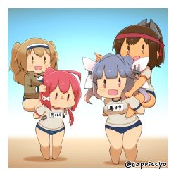 Rule 34 | 4girls, :d, alternate costume, barefoot, blue hair, blunt bangs, breasts, brown eyes, brown hair, capriccyo, carrying, commentary request, fang, gym shirt, gym uniform, hair ribbon, hairband, highres, i-168 (kancolle), i-19 (kancolle), i-26 (kancolle), i-401 (kancolle), kantai collection, large breasts, light brown hair, long hair, multiple girls, name tag, new school swimsuit, no mouth, old school swimsuit, open mouth, piggyback, pink hair, pointing, ponytail, red eyes, ribbon, sailor collar, sandals, school swimsuit, shirt, short sleeves, smile, swimsuit, swimsuit under clothes, tan, tri tails, two-tone hairband, two side up, underwear