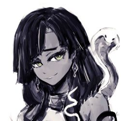 Rule 34 | 1girl, absurdres, commentary, dark-skinned female, dark skin, earrings, english commentary, eyebrows hidden by hair, green eyes, halterneck, highres, jewelry, merpperoni, monochrome, nagare sara, parted bangs, parted lips, portrait, prism project, sketch, smile, smirk, snake, solo, spot color, virtual youtuber, white background