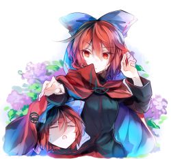 Rule 34 | 1girl, black shirt, blue bow, bow, cape, disembodied head, flower, hair bow, hand up, high collar, kutsuki kai, leaf, long sleeves, looking down, multiple heads, open mouth, outstretched hand, red cape, red eyes, red hair, sekibanki, shirt, short hair, squiggle, sweatdrop, touhou, upper body, white background