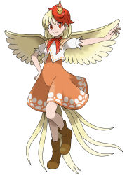 Rule 34 | 1girl, absurdres, alternate color, animal, animal on head, asatsuki (fgfff), bird, bird on head, bird tail, bird wings, blonde hair, boots, brown footwear, chick, chicken, closed mouth, creatures (company), dress, feathered wings, game freak, gen 3 pokemon, highres, multicolored hair, nintendo, niwatari kutaka, on head, orange dress, orange eyes, pokemon, pokemon (creature), puffy short sleeves, puffy sleeves, red hair, red neckwear, red ribbon, ribbon, shiny pokemon, shirt, short hair, short sleeves, simple background, smile, standing, standing on one leg, tail, torchic, touhou, two-tone hair, white background, white shirt, wings, yellow wings