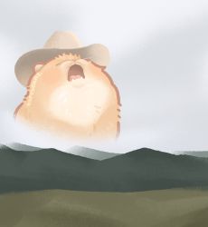 Rule 34 | animal focus, artist name, big enough (meme), cat, commentary, cowboy hat, english commentary, closed eyes, fangs, hat, highres, kapebeansies, meme, mountainous horizon, no humans, open mouth, original, photo-referenced, projected inset, scene reference, screaming, sky, solo, tongue, tussetroll, whiskers