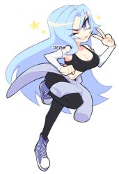 Rule 34 | 1girl, black pants, black shirt, blue eyes, blue footwear, blue hair, blue sweater, breasts, cleavage, clothes around waist, collarbone, converse, detached sleeves, eyes visible through hair, grin, large breasts, long hair, long sleeves, looking at viewer, midriff, navel, pants, running, shirt, shoes, smile, sneakers, sprayjea, star (symbol), sweater, sweater around waist, tank top, teeth, v, white background, wink