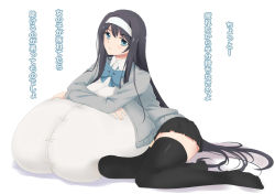 Rule 34 | 1girl, black hair, blue eyes, breast pillow, breasts, character request, copyright request, gigantic breasts, long hair, looking at viewer, miniskirt, self pillow, simple background, skirt, solo, thighhighs, translation request, tworship, white background, zettai ryouiki
