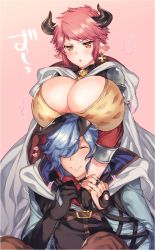Rule 34 | 10s, 1boy, 1girl, angry, annoyed, blue hair, breast rest, breasts, breasts on head, cleavage, drunk (granblue fantasy), earrings, eno yukimi, closed eyes, granblue fantasy, hair over one eye, half-closed eyes, happy, hetero, horns, hug, huge breasts, jewelry, long hair, parted lips, pink background, pointy ears, red hair, smile, sturm (granblue fantasy), upper body