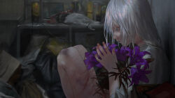 Rule 34 | absurdres, against wall, blood, blood on hands, blue eyes, bruise, bruise on neck, dark, fingernails, flower, from side, greyscale, highres, holding, holding flower, horror (theme), injury, lily (flower), monochrome, on floor, rit3set, scar, scar on leg, sitting, vocaloid, white hair