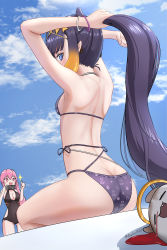 Rule 34 | 1other, 2girls, absurdres, arms up, ass, bare shoulders, bikini, black one-piece swimsuit, blood, blue eyes, blue sky, breasts, butt crack, cleavage, cloud, commentary, day, fang, from behind, gradient hair, hair ornament, halo, heart, heart print, highres, holding, holding phone, hololive, hololive english, long hair, looking at viewer, looking back, medium breasts, mori calliope, multicolored hair, multiple girls, nape, ninomae ina&#039;nis, nosebleed, one-piece swimsuit, open mouth, outdoors, phone, pink eyes, pink hair, ponytail, print bikini, profile, purple bikini, reylan520, shoulder blades, sideboob, sitting, sky, small breasts, smile, sparkle, string bikini, swimsuit, takodachi (ninomae ina&#039;nis), thighs, thumbs up, very long hair, virtual youtuber