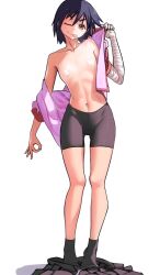 Rule 34 | 1girl, :p, absurdres, alternate breast size, bandaged arm, bandages, bandaid, bike shorts, black hair, black skirt, black socks, bottomless, breasts, brown eyes, collarbone, commentary, english commentary, full body, gluteal fold, hand up, highres, kanbaru suruga, long sleeves, looking at viewer, madaotheory, monogatari (series), naked shirt, naoetsu high school uniform, navel, ok sign, one eye closed, open clothes, open shirt, photo-referenced, pink shirt, pleated skirt, pubic hair, school uniform, shirt, short hair, simple background, skirt, small breasts, socks, solo, standing, thick eyebrows, thighs, tomboy, tongue, tongue out, undressing, unworn skirt, v-shaped eyebrows, white background