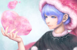 Rule 34 | 1girl, black capelet, blue background, blue eyes, blue hair, capelet, closed mouth, commentary request, doremy sweet, dream soul, hat, khn (kihana), nightcap, realistic, red hat, short hair, smile, solo, touhou, upper body