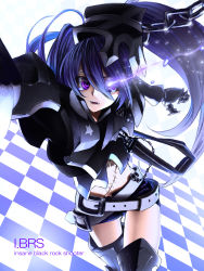 Rule 34 | 10s, 1girl, bad id, bad pixiv id, belt, belt skirt, black rock shooter, boots, checkered floor, english text, fang, floor, glowing, glowing eyes, highres, insane black rock shooter, long hair, navel, poaro, purple eyes, purple hair, scar, shorts, solo, thigh boots, thighhighs, very long hair