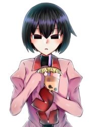 Rule 34 | 1girl, black eyes, black hair, blush, bob cut, bubble tea, commentary, cup, drinking straw, empty eyes, holding, holding cup, light blush, looking at viewer, monogatari (series), oshino ougi, parted lips, pink shirt, school uniform, shirt, short hair, simple background, sleeves past wrists, solo, t33h8703, upper body, white background