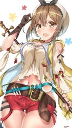 Rule 34 | 1girl, :d, atelier (series), atelier ryza, atelier ryza 1, belt, belt buckle, blush, breasts, brown gloves, buckle, detached sleeves, flask, gloves, hair ornament, hairclip, hat, highres, jewelry, light brown hair, looking at viewer, navel, necklace, open mouth, playing with own hair, red shorts, reisalin stout, round-bottom flask, shirt, short shorts, shorts, skindentation, smile, staff, star (symbol), star necklace, sunsun2812, teeth, thigh gap, thighs, upper teeth only, white background, white headwear, white shirt, wristband, yellow eyes
