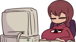 Rule 34 | 1girl, breasts, brown hair, closed eyes, computer, highres, large breasts, madotsuki, p-con, solo, typing, yume nikki