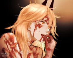 Rule 34 | 1girl, blonde hair, blood, blood from mouth, blood on body, blood on face, blood on hands, chainsaw man, chinese commentary, commentary request, czy (2894456992), dated, highres, horns, long hair, messy hair, nude, orange eyes, parted lips, portrait, power (chainsaw man), profile, solo, watermark