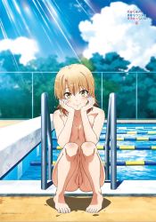 Rule 34 | 1girl, anus, barefoot, black hair, blue eyes, breasts, cleft of venus, copyright name, feet, hands on own cheeks, hands on own face, highres, isshiki iroha, long hair, looking at viewer, medium breasts, nipples, nude, nude filter, orange hair, pool, poolside, pussy, solo, squatting, thighs, third-party edit, toes, wet, yahari ore no seishun lovecome wa machigatteiru., yellow eyes