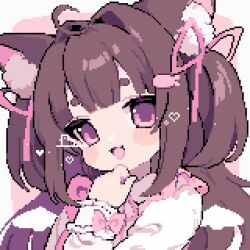 Rule 34 | 1girl, ahiru tokotoko, ahoge, animal ear fluff, animal ears, blush stickers, brown hair, cat ears, commentary, hair intakes, hair ribbon, highres, hikimayu, long hair, long sleeves, open mouth, original, pink eyes, pink ribbon, pixel art, ribbon, sleeve bow, smile, solo, symbol-only commentary, two side up