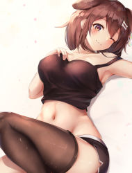 Rule 34 | 1girl, ;3, absurdres, animal ears, armpits, bare shoulders, black shirt, black shorts, black thighhighs, blouse, blush, bone hair ornament, breasts, brown eyes, brown hair, brown thighhighs, camisole, cleavage, closed mouth, collarbone, commentary request, crop top, dog ears, dog girl, dolphin shorts, dutch angle, hair ornament, hand on own chest, highres, hololive, inugami korone, kisaki oni, knee up, large breasts, looking at viewer, lying, midriff, navel, on back, one eye closed, shirt, short hair, short shorts, shorts, single thighhigh, sleeveless, sleeveless shirt, smile, solo, stomach, tank top, thighhighs, virtual youtuber